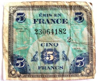 Vintage Emis En France Cinq 5 Francs 23064182 World War Ii Note 1944 photo