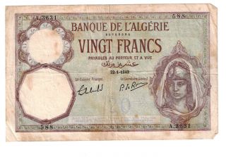 Algeria 20 Francs Banknote Pick 78c Rare Jan 22 1942 Extremely Fine photo