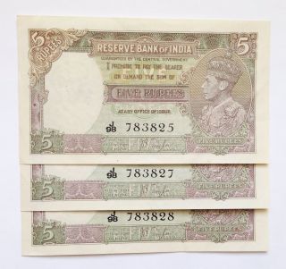 Unc 3 Consecutive 1937 British India King George Vi 5 Five Rupees J.  B.  Taylor photo