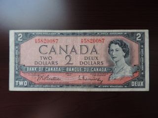 1954 $2 Bank Note Bill Canada Prefix K/r 5820087 Modified Portrait 