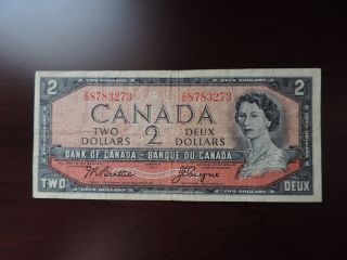 1954 $2 Bank Note Bill Canada Prefix Z/b 8783273 Modified Portrait 