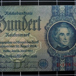 German Nazi 100 Reichsmark Note - Lg Swastika,  Sm Breast - Aged - 1935 Germany Banknote photo