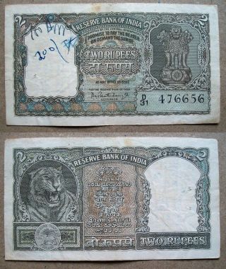 16/8/65 { Half Tiger Face } Rs.  2 Two Rupees P.  C.  Bhattacharya Olive Green Note photo