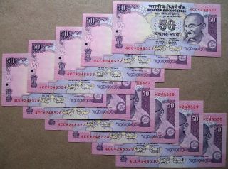 2011 Rs.  50 Fifty Rupees Gandhi { Prefix - 4cc } 10 Pc From Bundle { Star } Note photo