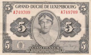 Luxembourg: Cinq (5) Francs,  Nd (1944),  P - 43b (a Prefix),  World War Ii,  Abnc photo