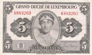 Luxembourg: 5 Francs,  Nd (1944),  P - 43b (a Prefix),  World War Ii,  Abnc,  Crisp Xf photo
