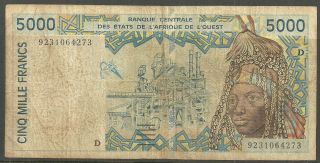 West African States $5000 Francs P.  713ka (fine) From 1992. photo