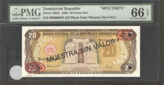 1988 Dominicana Specimen 20 Pesos Oro Pmg 66 Epq Pick 120s3 S/n B000000w photo