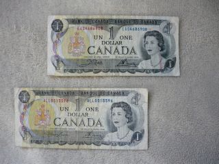 Two Vintage Old 1973 Bank Of Canada - Canadian 1 Dollar Banknote Papermoney photo