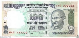 India Rs.  100 Rupees.  Hundred Rupees Solid Fancy Number.  222222 Note Rare photo