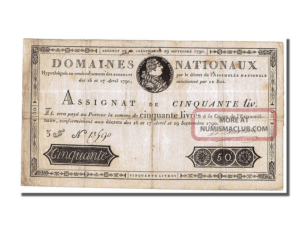 French Assignats,  50 Livres Type Assignat Portrait Type,  Signed By. . . Europe photo