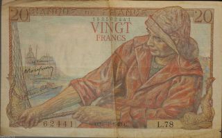 France Banknote 20 Francs 1943 Scarce P100a F - Vf photo