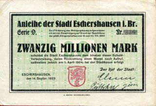 Eschershausen 20,  000,  000 20000000 Mark 14/9/1923 Vf photo