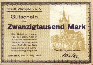 Wimpfen 20,  000 20000 Mark 11/8/1923 Ef photo