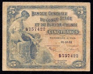 Belgian Congo 5 Francs 1952 P - 13b photo