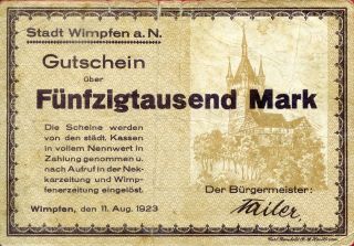 Wimpfen 50,  000 50000 Mark 11/8/1923 Vg photo