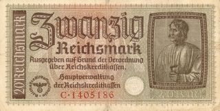 Currency Germany 1940 Wwii Bank Note Nazi 020 Reichsmark Zwanzig Emblem photo