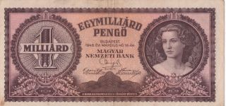 Egymilliárd Pengo Hungary Currency Banknote Note Money Bill Cash Budapest 1946 photo