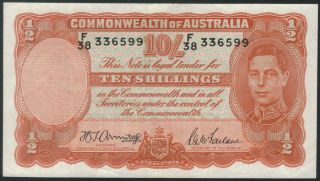 Tmm 1942 Australia Commonwealth Bank Note 10 Shillings P25b G/vf photo