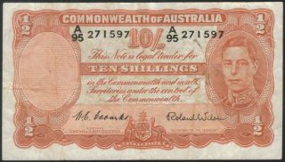 Tmm 1952 Australia Commonwealth Bank Note 10 Shillings P25d G/f photo