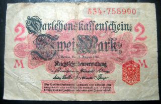 1914 Imperial Germany 2 Mark Paper Note Red Seal And Serial Number photo