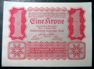 1922 Austria Eine Krone Banknote Post - World War I Cu photo