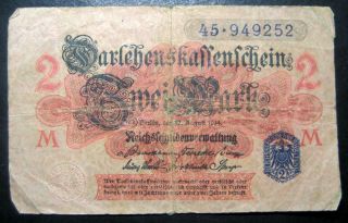 1914 Imperial Germany 2 Mark Paper Note Blue Seal And Serial Number photo