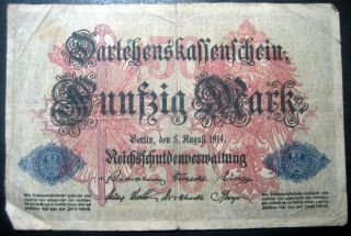 1914 Imperial Germany 50 Mark Banknote Blue Seal Red Serial Number photo