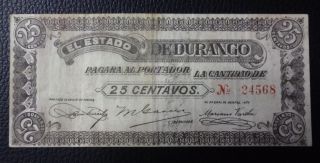 Mexico Banknote 25 Centavos,  Pick S748 Vf 1915 - Estado De Durango photo
