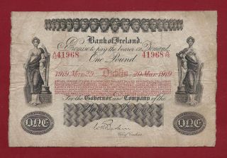 Ireland Bank Of Ireland 1 Pound 1919 P - A35 F+ Extremely Rare (uk Great Britain) photo
