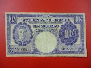 Jamaica Banknote 10 Shillings Pick 39 F+ 1956 photo