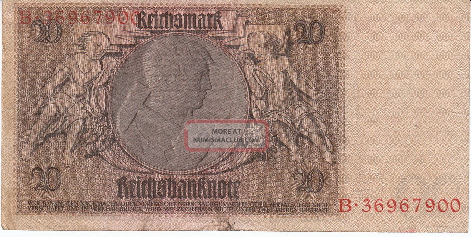 Currency Germany Reich 1929 Bank Note Nazi 0020 Reichsmark Zwanzig