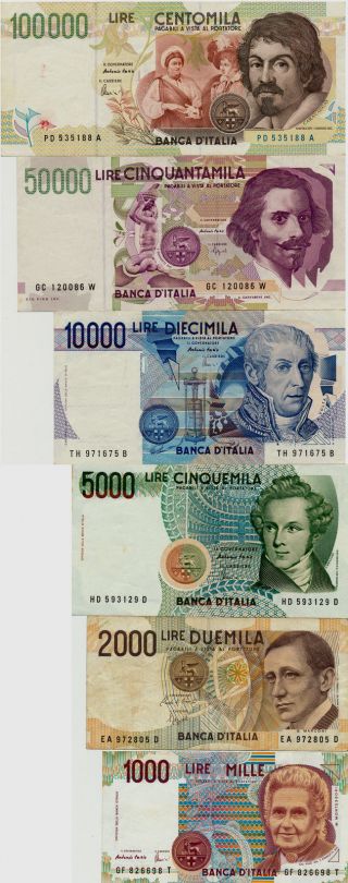 Banca D ' Italia Italy 1000,  2000,  5000,  10000,  50000,  100000 Lire 1990 Ef - Au 6 Pc photo