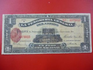 Mexico Banknote 1 Peso Nacional Pick S1135 F+ 1916 - Estado De Yucatan photo