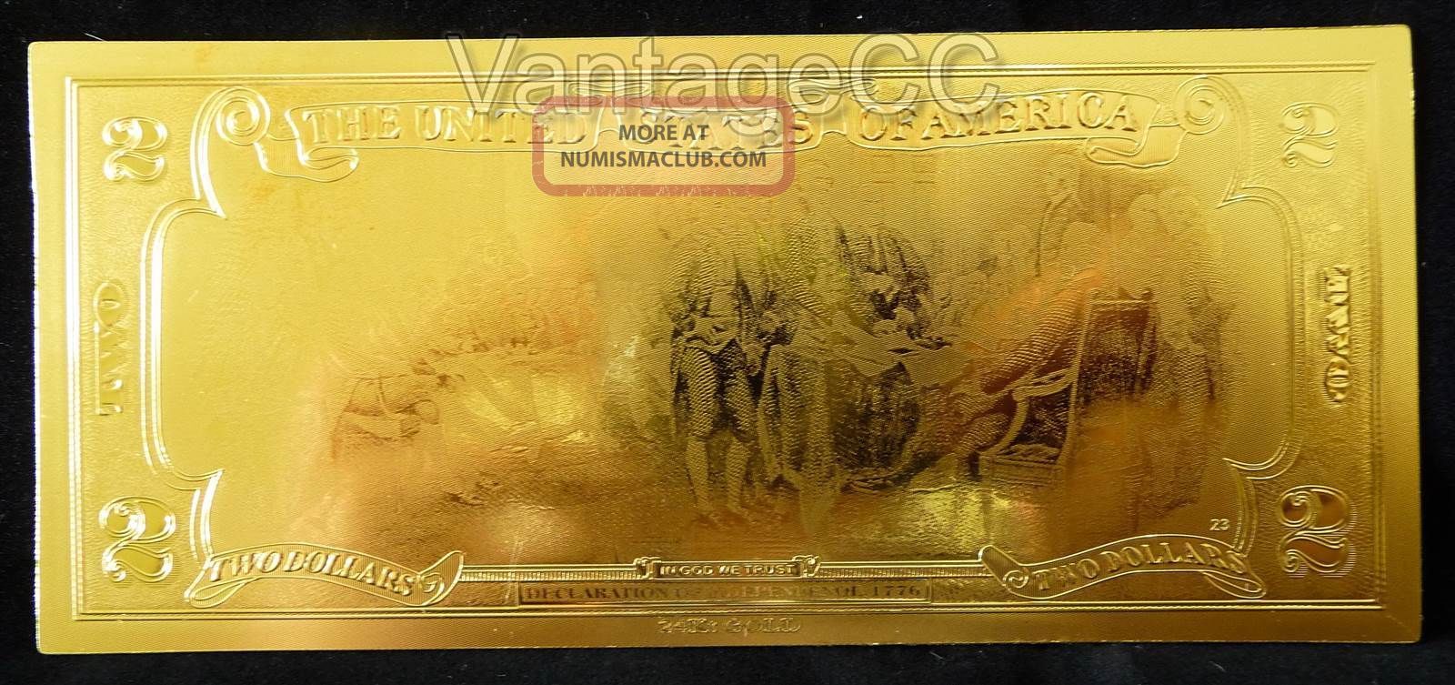 24k Gold $2 Dollar Bank Note Banknote Bill Certificate Of Authenticity