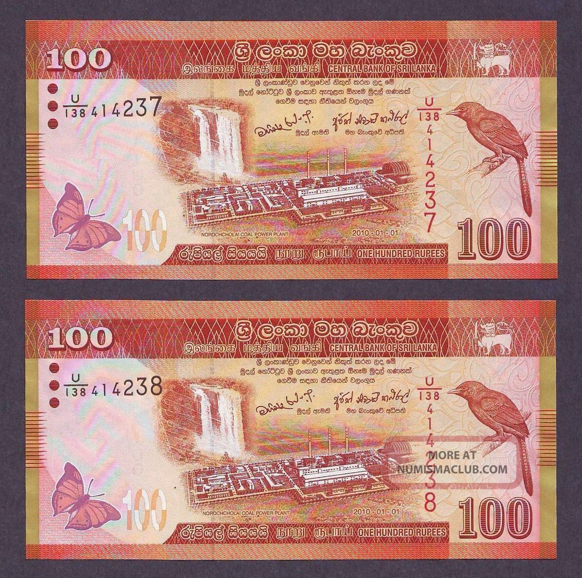 Two Consecutive Number Sri Lanka 100 Rupees 2010 Unc Banknote Ceylon P - 125 Asia photo