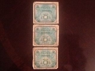 3 X France Wwii 2 Francs Allied Military Currency photo