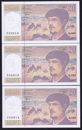 France 20 Francs 1997 X 3 P151 Consecutive Numbers Unc photo
