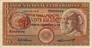Banco Nacional De & St.  Thomas St.  Thomas & Prince 20 Escudos 1958 Aunc photo