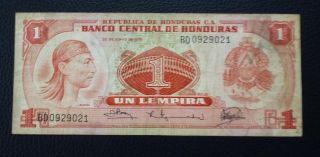Honduras Banknote 1 Lempira,  Pick 62 Vf 1978 photo