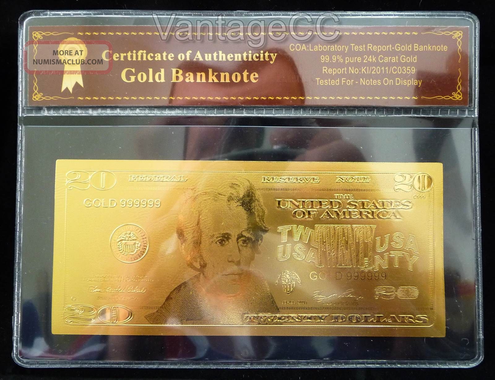 24k Gold $20 Dollar Bank Note Banknote Bill, Certificate Of Authenticity