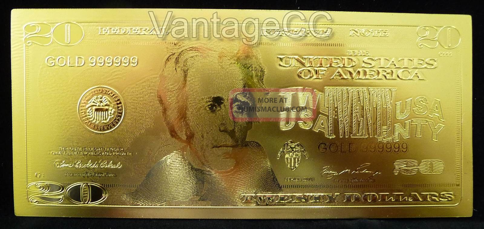 24k Gold $20 Dollar Bank Note Banknote Bill Certificate Of Authenticity