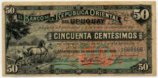 Uruguay 50 Centesimos 1896 P 2a Crisp Note F+ photo