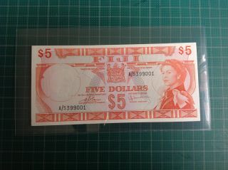 1974 Fiji Five Dollars Prefix A5 Gem - Uncirculated photo