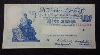 Argentina Banknote 10 Pesos,  Pick 253 Vf+ 1937 photo