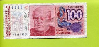 Argentina 100 Australes Vf Banknote,  Paper Money photo