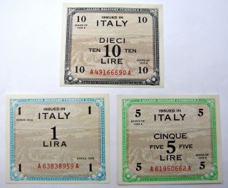 1943 1,  5,  & 10 Lire Allied Military Currency Italy Note Wwii Crisp photo
