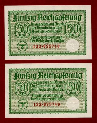 Wwii Germany 2x 50 Reichspfennig Consecutive Nr 1940 - 1945 Unc photo