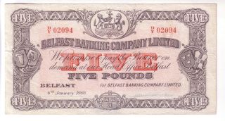 United Kingdom - Northern Ireland - Belfast Banking Company 5 Pounds (1966) Vf++ photo
