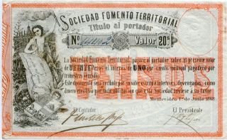 Uruguay 1868 20 Pesos Sociedad Fomemto Territorial Interest - Bearing Note photo
